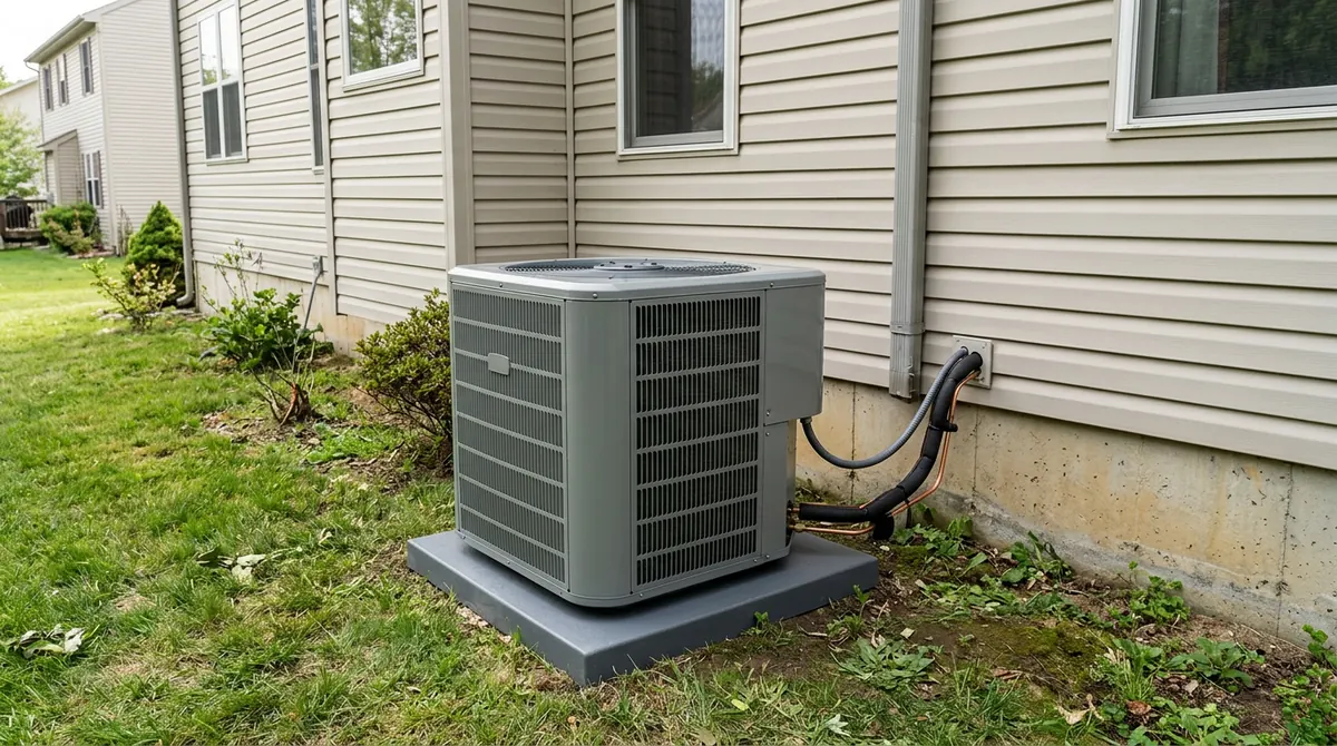 A single-stage outdoor condenser with a simple clean cabinet on a pad beside a two-story home, daylight