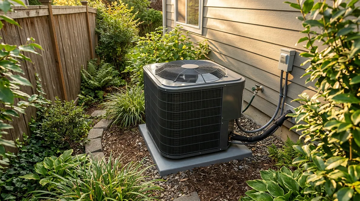 A variable-speed condenser with a quiet wide fan in a landscaped backyard corner at golden hour