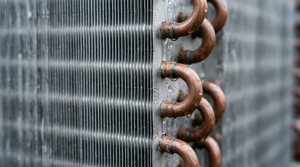 Aluminum Coil Fin Macro | Music City HVAC A macro close-up of crisp aluminum coil fins with copper tube ends and water droplets, shallow depth of field, cool light