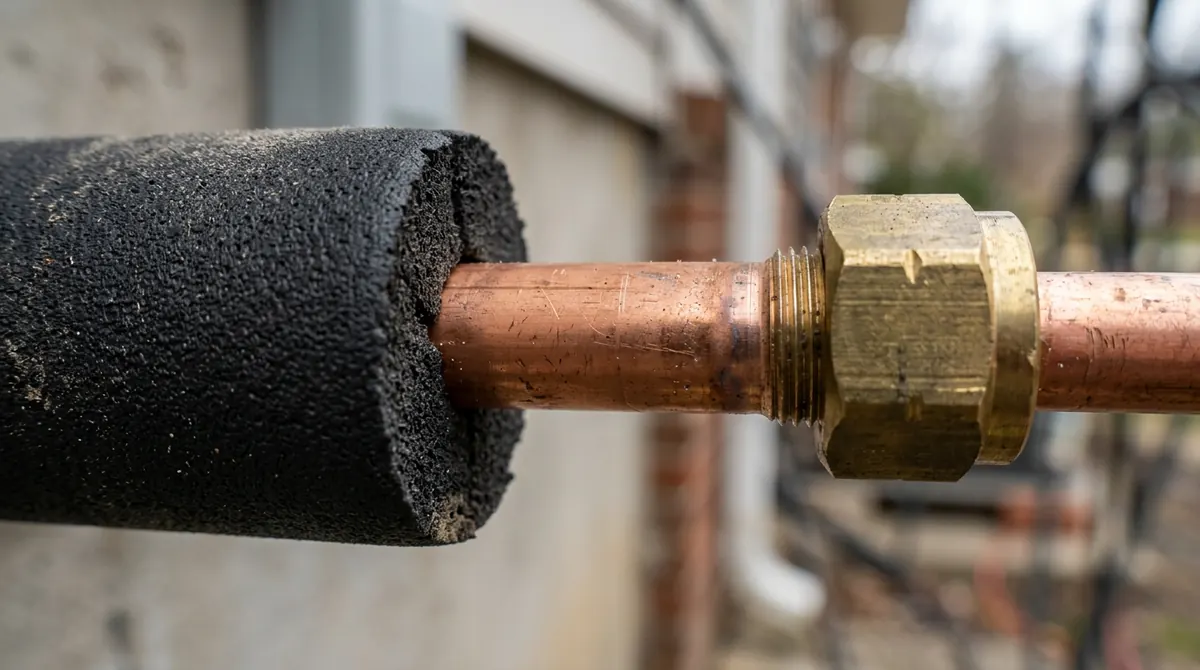 Copper Refrigerant Line Set | Music City HVAC A macro of bright copper refrigerant tubing with a flare fitting and black foam insulation, soft side light