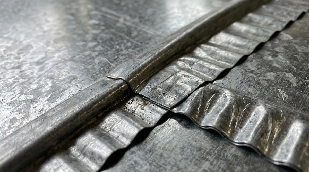 Galvanized Duct Seams | Music City HVAC A macro of galvanized sheet-metal duct seams and crimped edges with a silver sheen, raking light