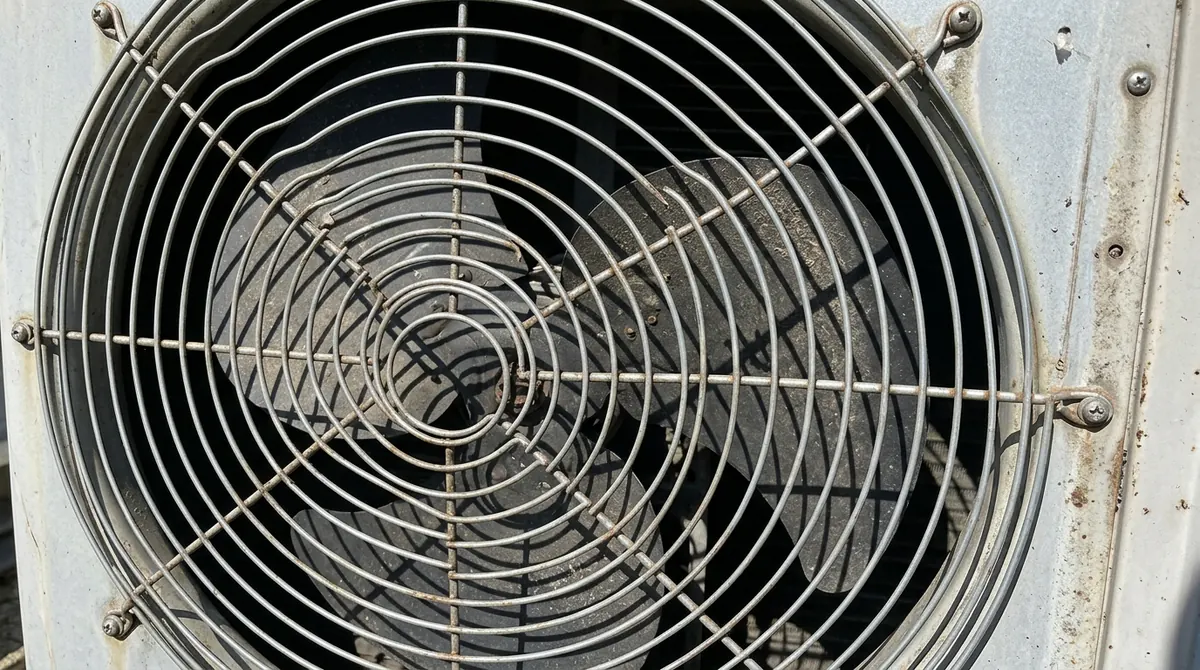 Condenser Fan Blades | Music City HVAC A close view of a condenser fan with curved blades behind a steel grille in bright daylight, crisp shadows