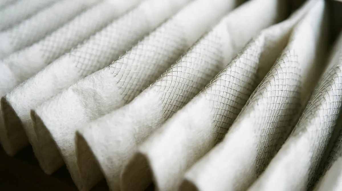 Pleated Filter Detail | Music City HVAC A macro of crisp white pleated filter media with fine mesh backing, soft side light