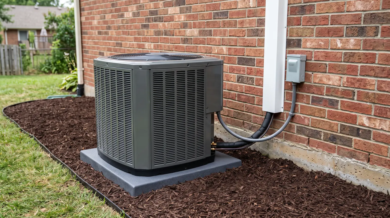 A brand-new outdoor air conditioner condenser freshly set on a level composite pad beside a brick home, insulated refrigerant line set running neatly into the wall under a white line-set cover, fresh mulch and sharp edging