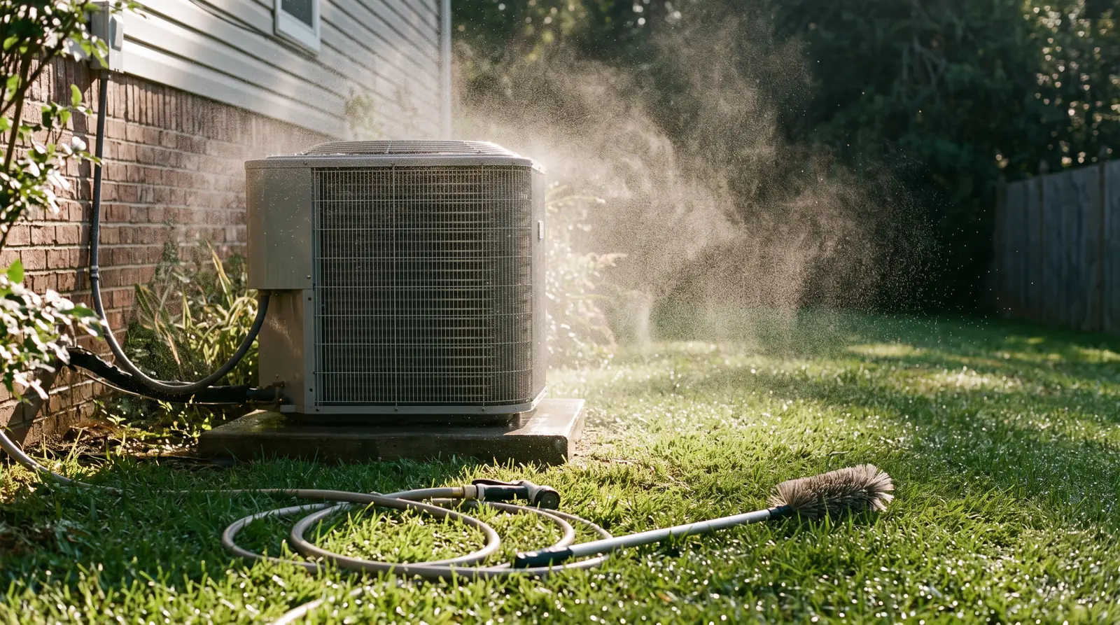 A freshly cleaned outdoor condenser with fine water spray mist catching sunlight, a coil brush and a garden hose lying on the grass, bright morning