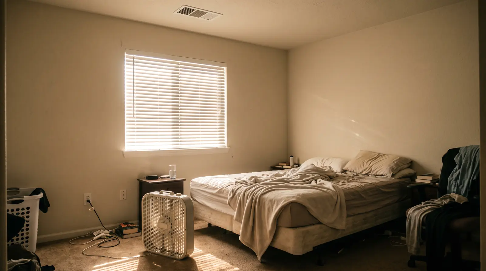 A hot sunny bedroom with a white ceiling supply register, a portable fan on the floor, closed blinds with bright light leaking around them and a made bed, warm still air feeling