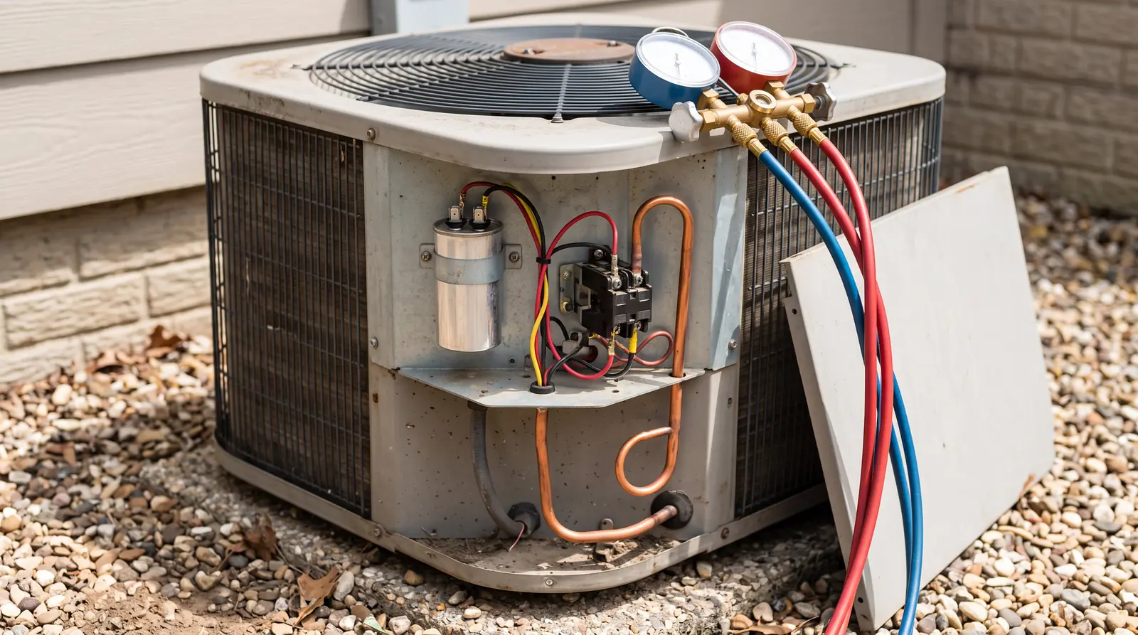 Close-up of an outdoor air conditioner condenser with the side service panel removed showing a capacitor, contactor and clean copper line set, a manifold gauge set with blank dials resting on the cabinet top, bright daylight on a gravel pad