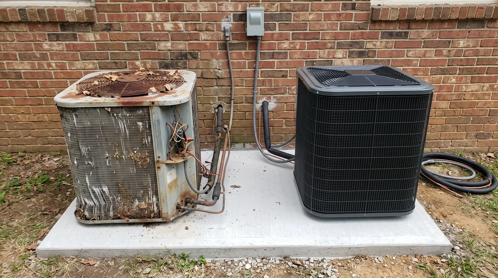 An old weathered rusty outdoor condenser with bent fins standing next to a brand-new clean condenser on a fresh concrete pad against a brick wall, ready for the swap