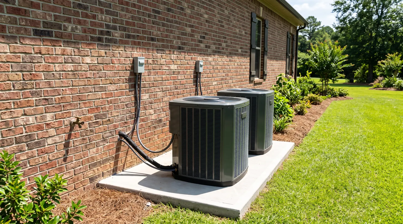 A pair of modern outdoor air conditioner condensers on a clean pad beside a Southern brick home, bright summer sky and a lush green lawn, crisp shadows