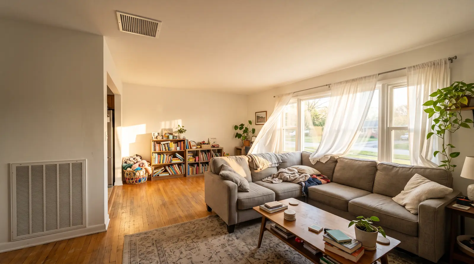 A comfortable family living room with a white ceiling supply register and a return air grille in view, hardwood floors, afternoon sunlight and sheer curtains stirring in gentle airflow