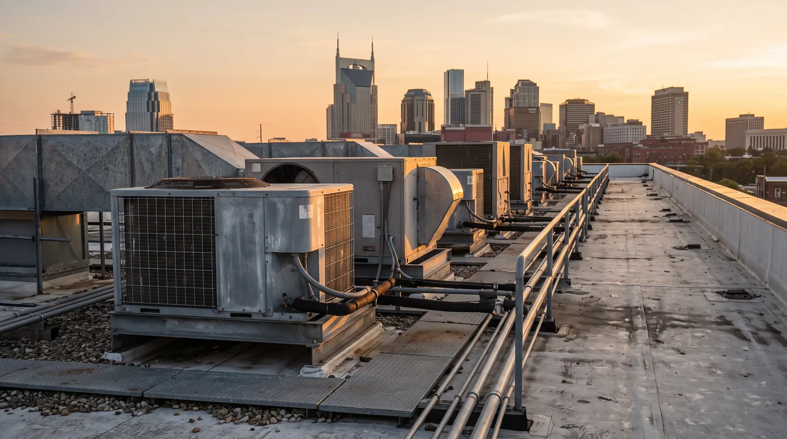 A row of modern rooftop HVAC units on a flat commercial roof with the Nashville skyline in the golden-hour background