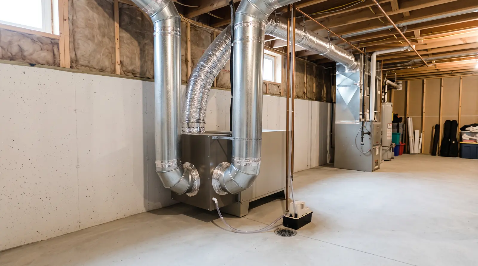 A whole-home dehumidifier unit in a tidy basement corner connected to round ducting, dry clean concrete floor and soft light
