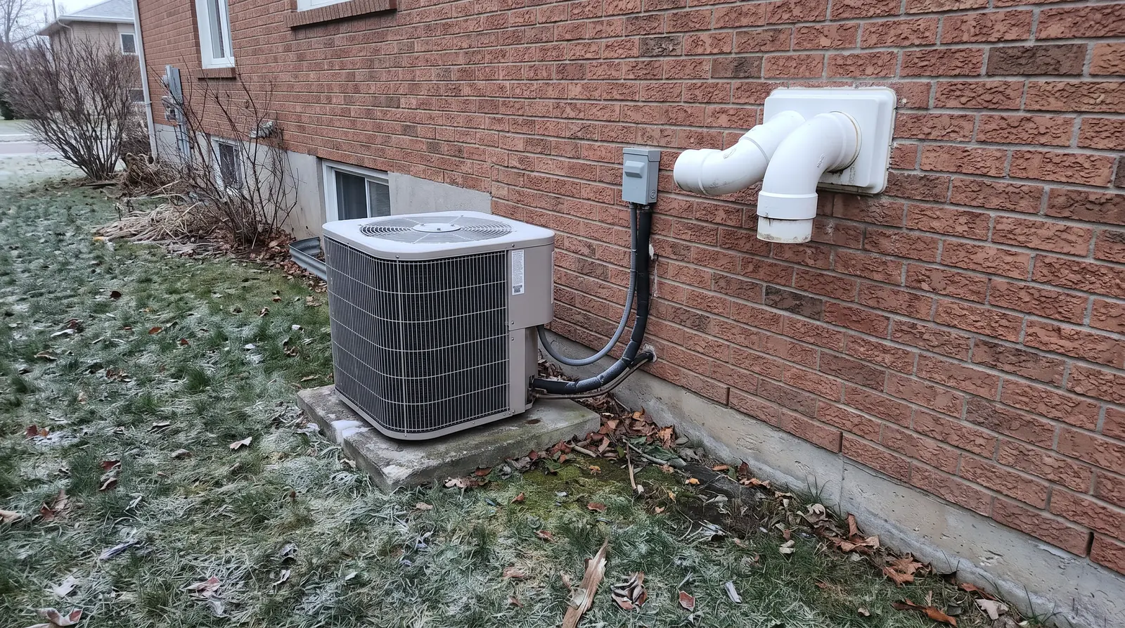 A winter home exterior with an outdoor heat pump unit on a pad and a white PVC furnace vent visible on the brick wall above, thin frost on the grass, soft light