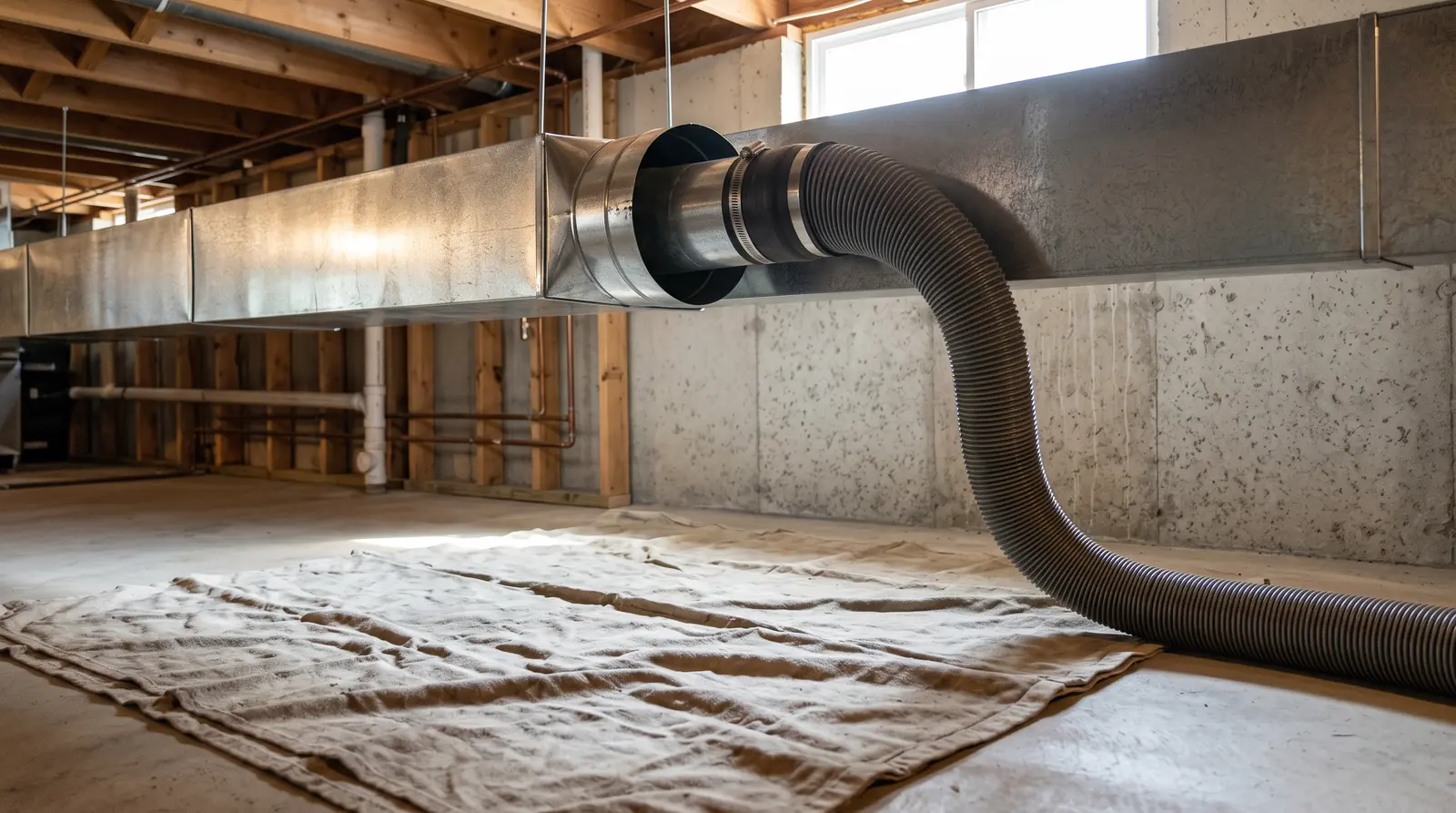A large flexible vacuum hose connected to a duct collar on a trunk line in a basement, drop cloth on the floor, tidy setup, bright light