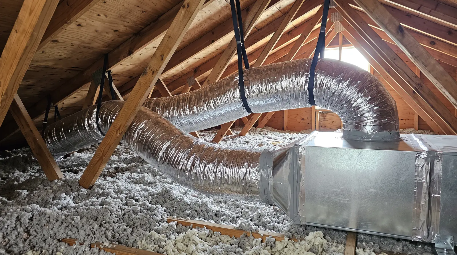 New insulated flexible duct and a clean metal plenum installed in a bright attic with blown insulation and exposed rafters, neat straps and sealed joints