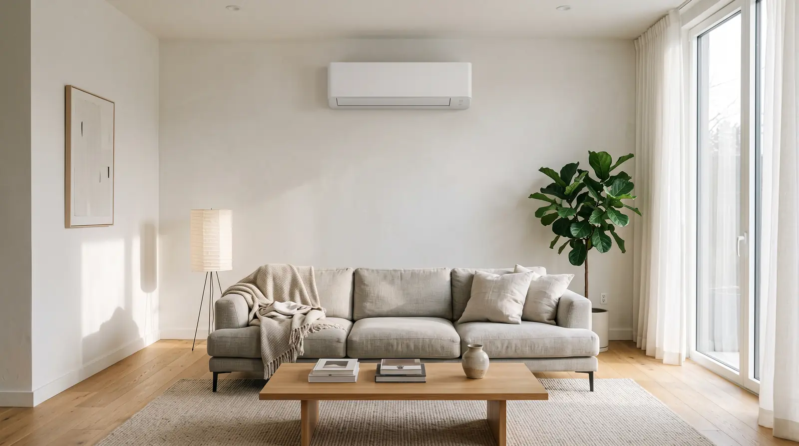 A bright, modern living room with a sleek white wall-mounted ductless mini-split indoor unit above a sofa, minimal decor and soft morning light