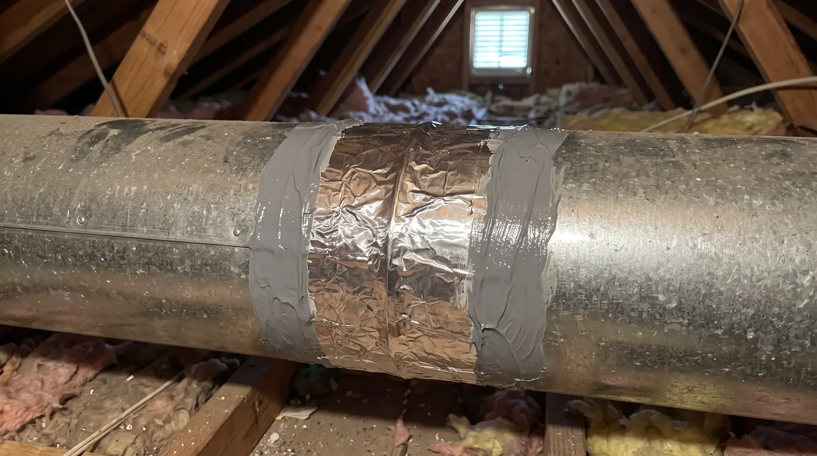 A close-up of a metal duct joint freshly sealed with aluminum foil tape and a smooth band of mastic, silver and gray tones, attic light