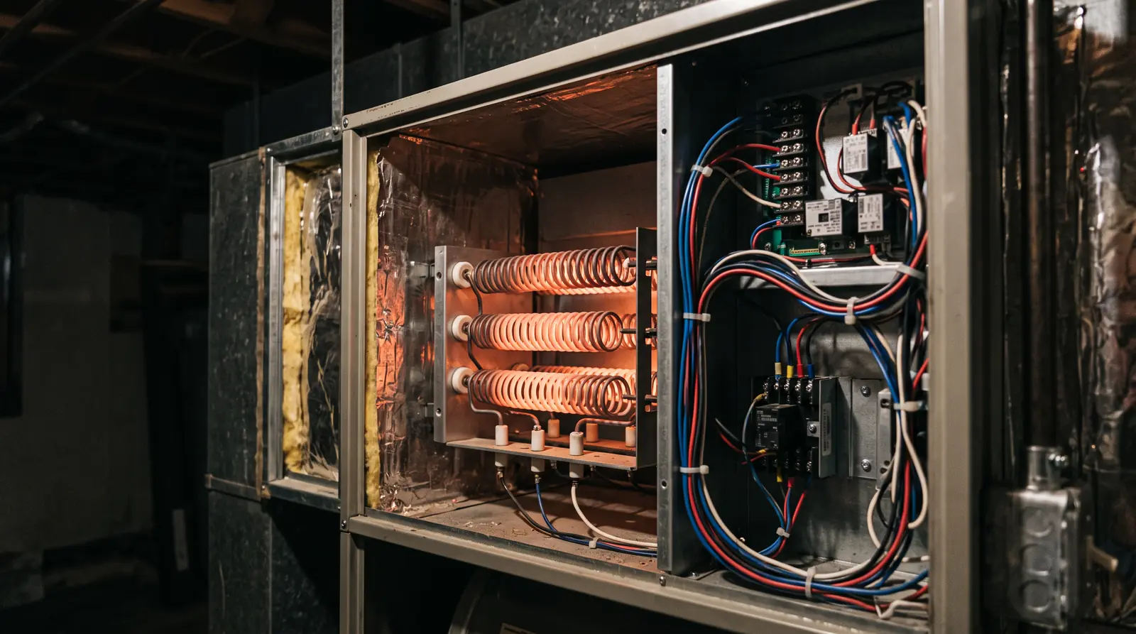 The inside of an opened electric air handler showing the heating element coils glowing a soft orange, clean wiring, dark surroundings
