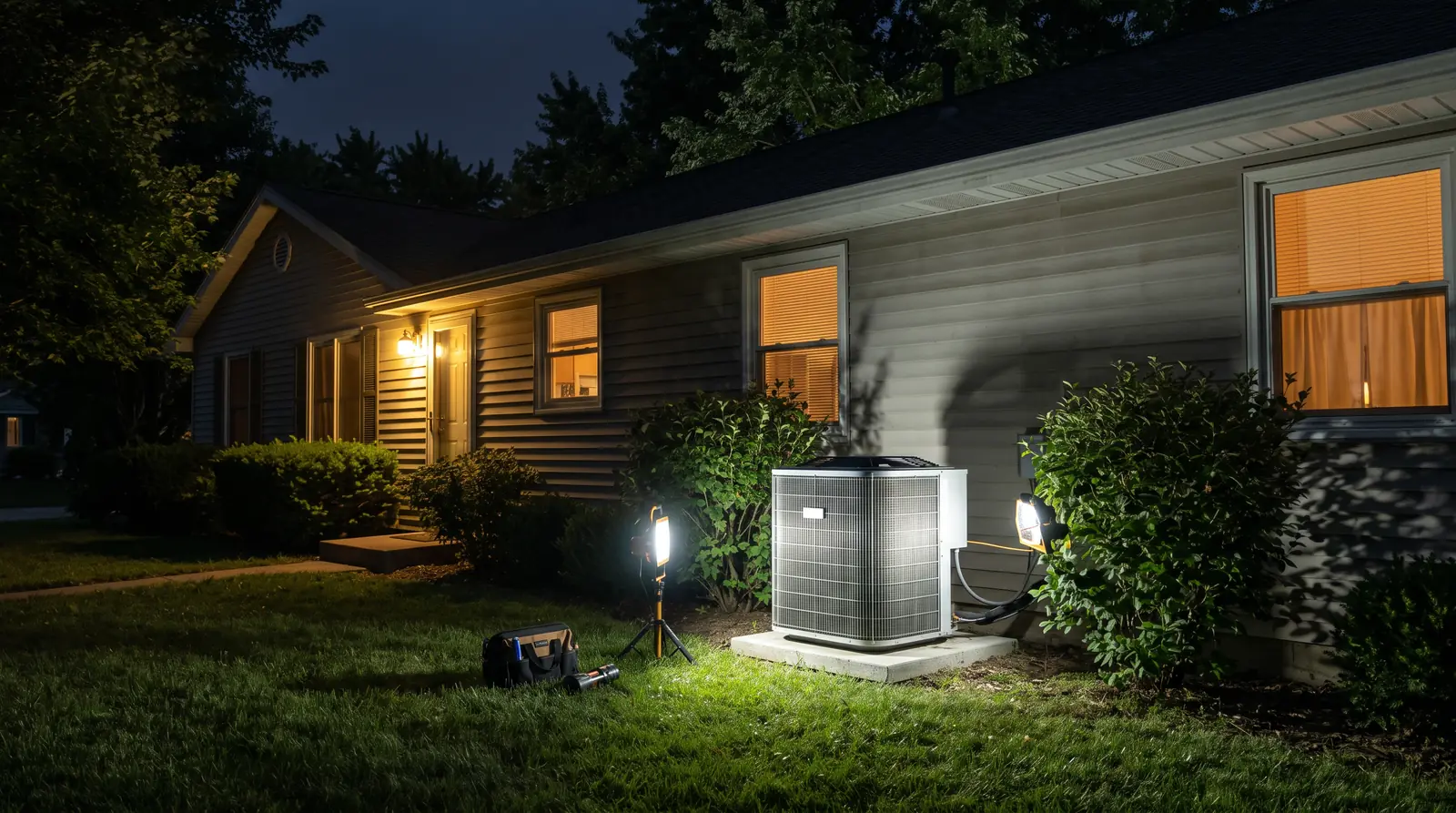 A suburban home at night in summer with the porch light on, warm window glow and an outdoor condenser lit from the side by a bright portable work light, no one visible
