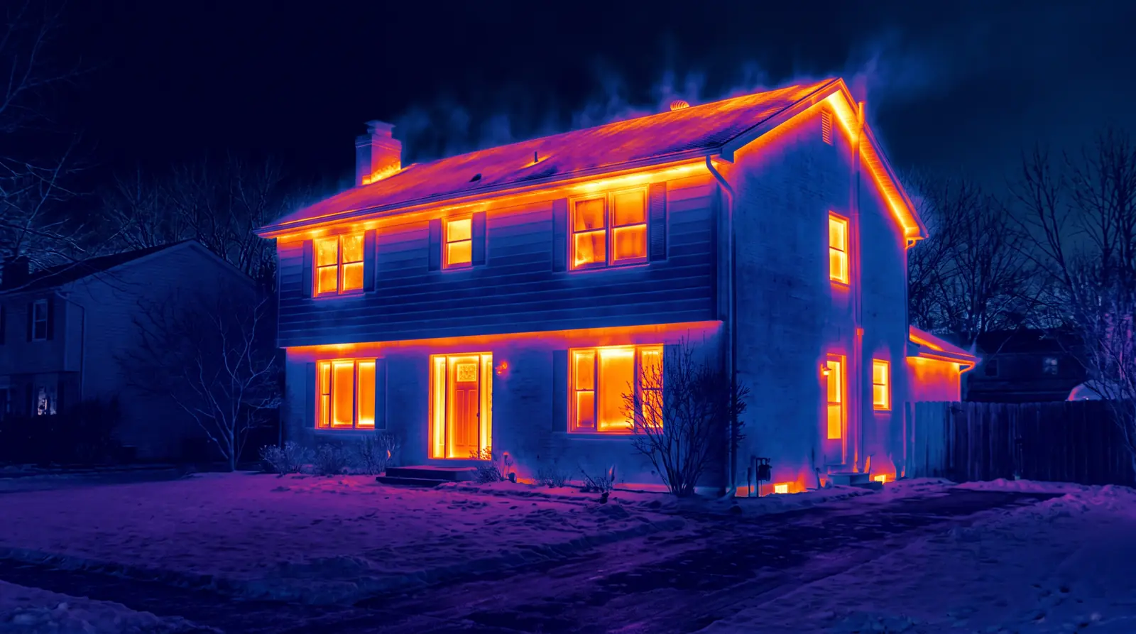 A thermal imaging photograph of a house exterior in a cool blue to orange gradient showing heat escaping around windows and the roofline, documentary style