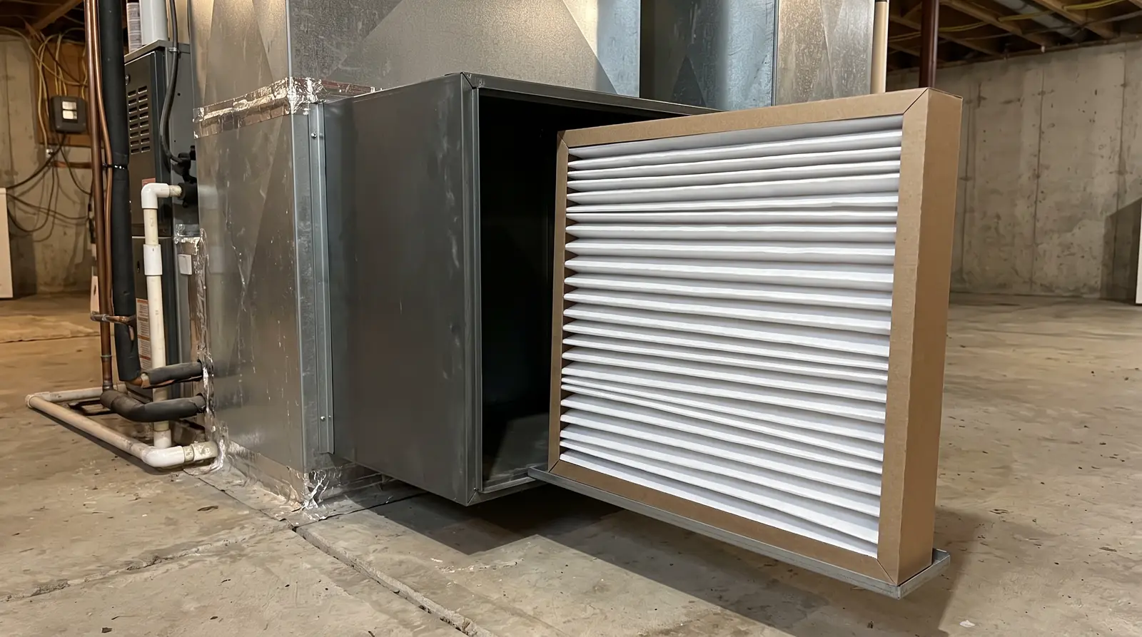 A deep media air cleaner cabinet beside an air handler with a thick pleated filter pulled partly out showing crisp clean pleats, soft light
