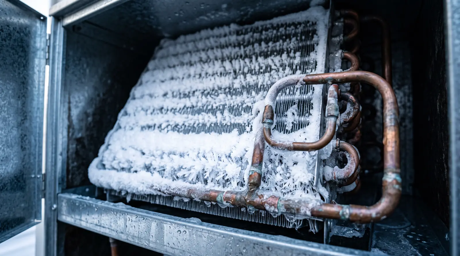 A macro view inside an opened air handler cabinet of an evaporator coil coated in thick white frost and ice crystals, copper tubing, cool blue light