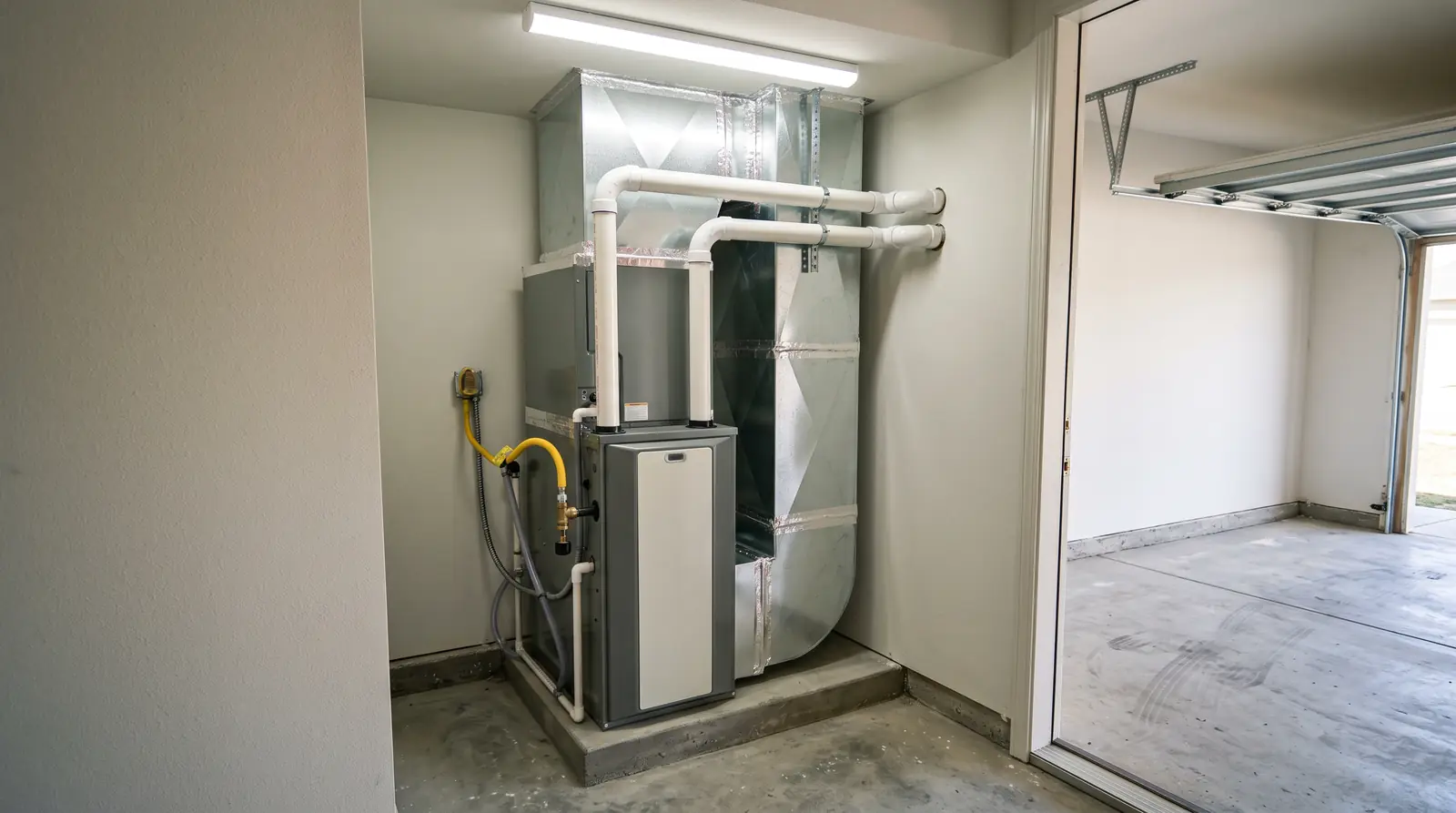 A brand-new high-efficiency gas furnace freshly installed in a clean garage alcove with white PVC intake and exhaust pipes, a new sheet-metal plenum and bright LED lighting