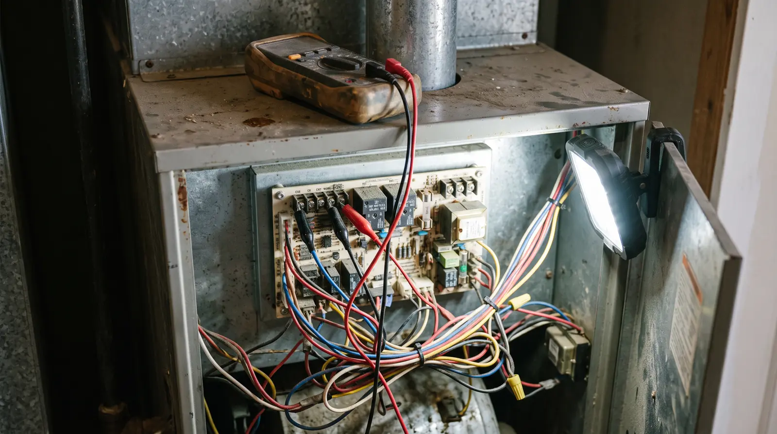 A close-up of a furnace control board and wiring harness with a digital multimeter resting on the cabinet top and test leads clipped on, bright work light