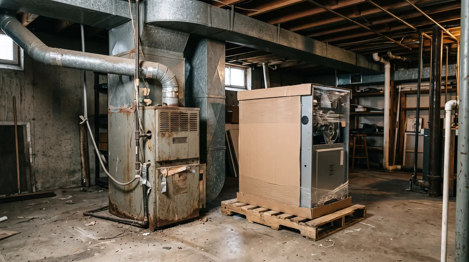 A dusty old furnace standing beside a new furnace still on its pallet in a basement, concrete floor, ductwork overhead, ready for replacement