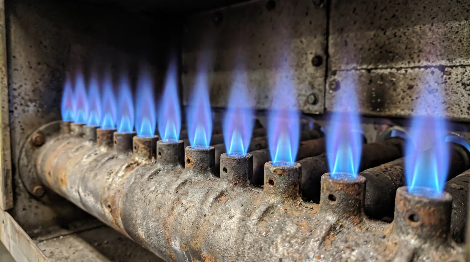 A macro view of a steady row of clean blue gas flames inside a furnace burner box, crisp detail
