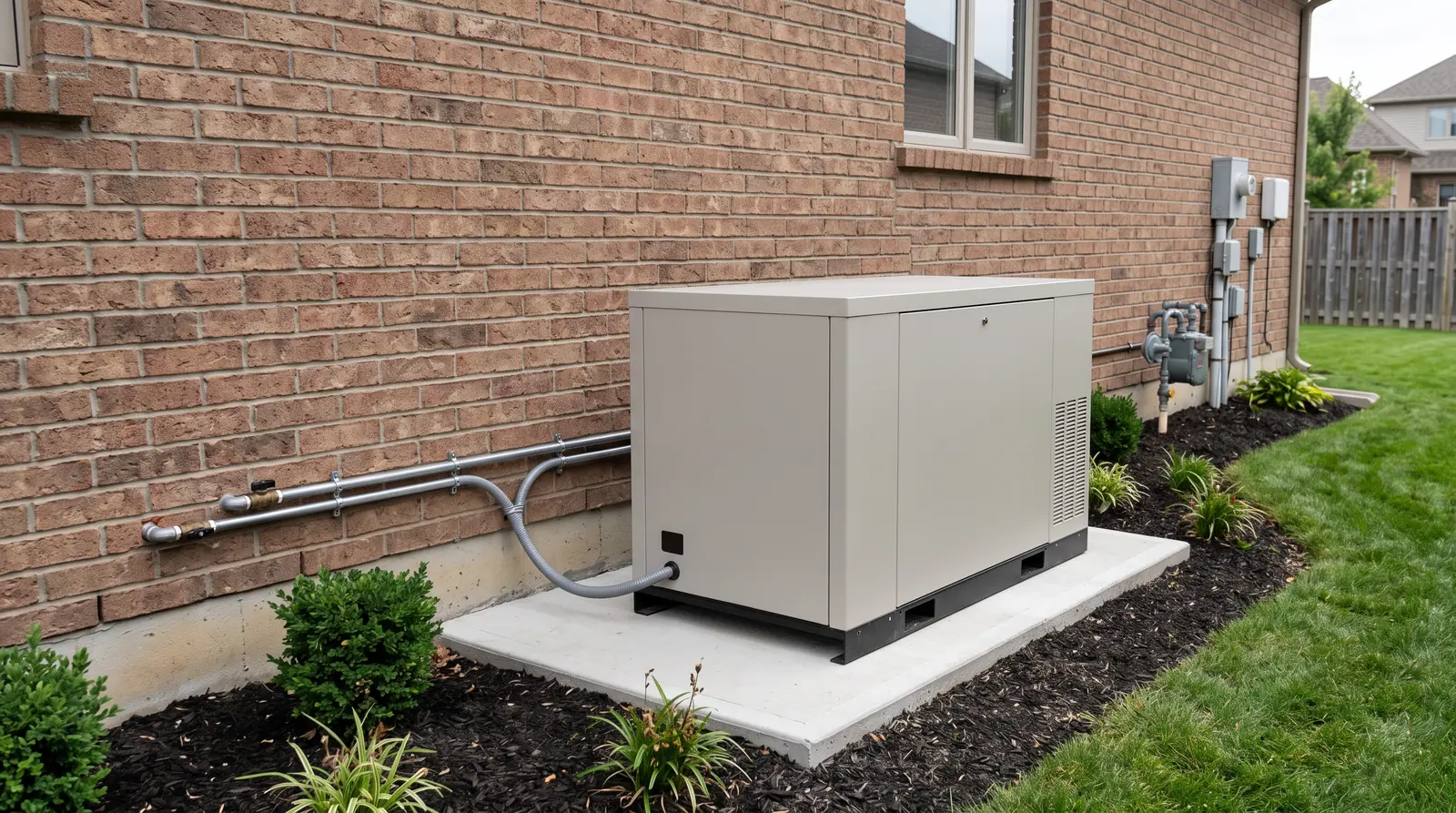 A whole-home standby generator on a concrete pad beside a brick home with a neat gas line and weatherproof conduit, clean landscaping, no logos