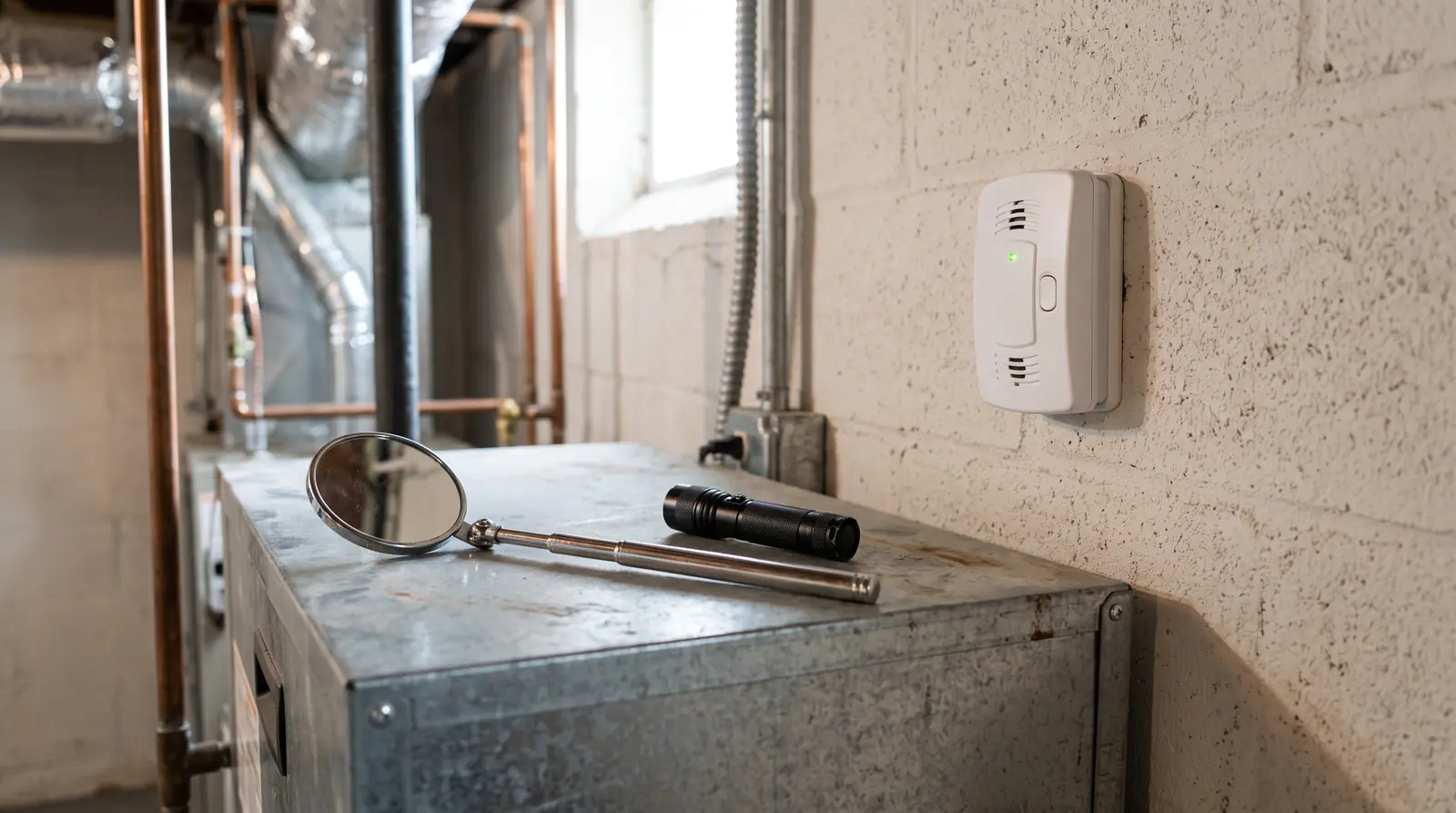 An inspection mirror and a small flashlight resting on a furnace cabinet beside a wall-mounted white carbon monoxide alarm with a green indicator light, tidy basement
