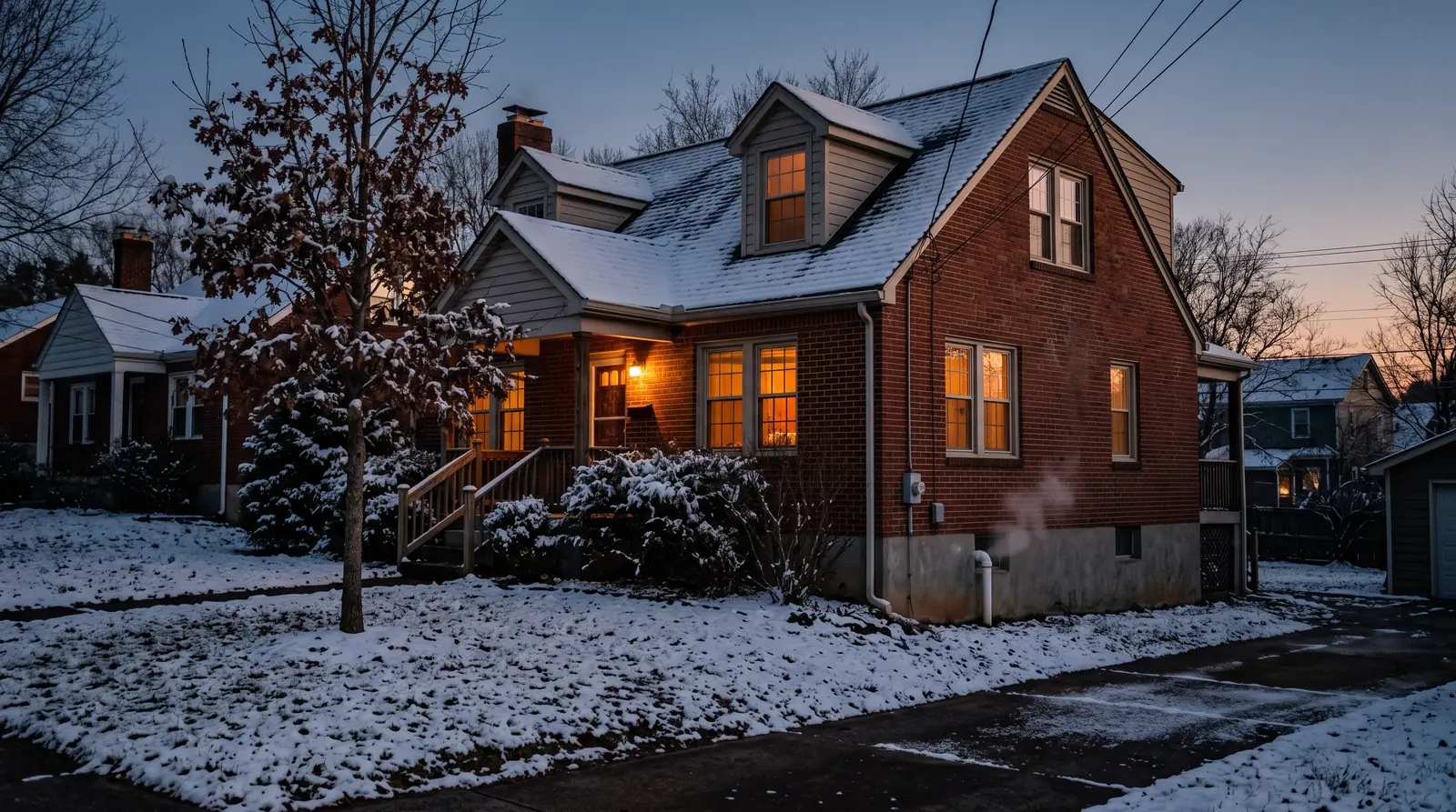 A red brick Nashville home at dusk with a light dusting of snow on the roof and lawn, warm glowing windows and a thin wisp of vapor from a white vent pipe near the foundation