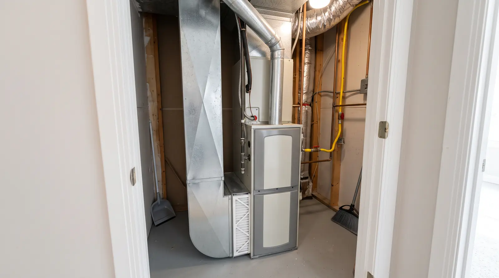 A tidy furnace utility closet with a fresh pleated filter slid into place and the blower compartment door clean and closed, soft overhead light