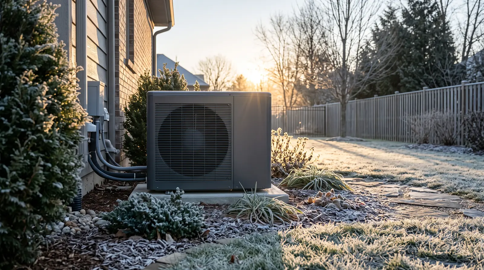 A sleek modern heat pump outdoor unit with a wide fan grille in a landscaped side yard on an early winter morning, light frost on the grass and shrubs, soft golden sunrise