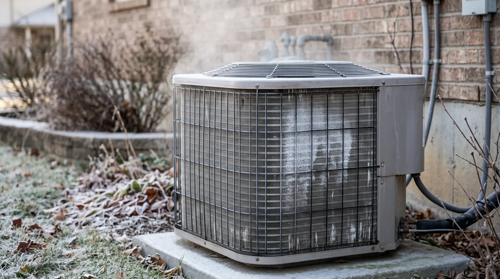 A heat pump outdoor unit with a thin layer of frost on part of its coil on a cold winter morning, wisps of defrost vapor, brick home in the soft background