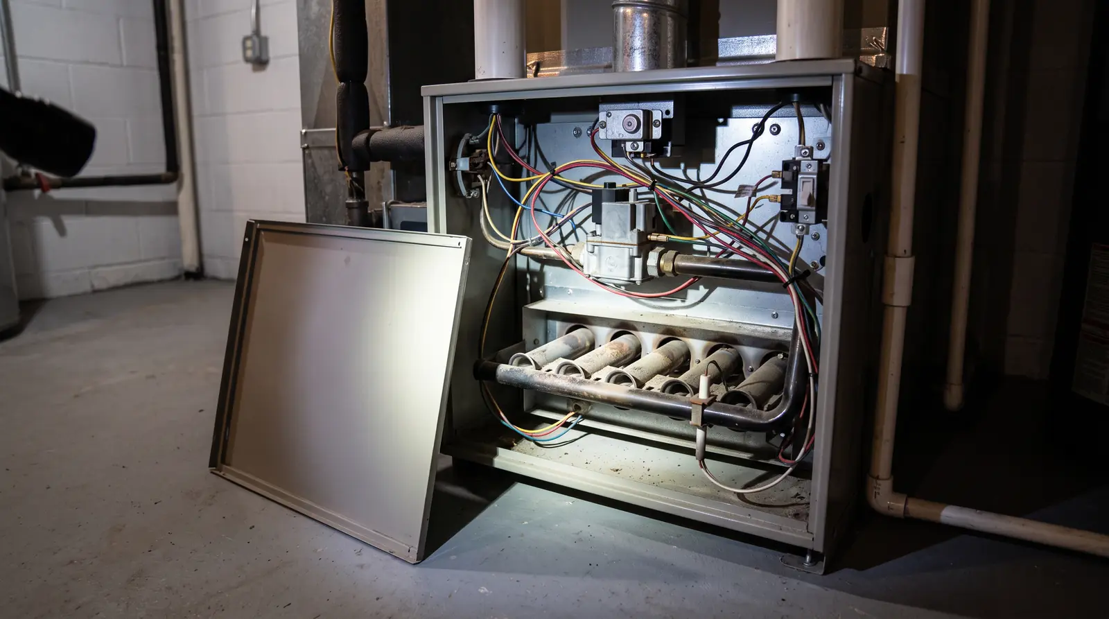 An opened furnace front panel showing the burner assembly, igniter and flame sensor lit by a flashlight beam in a tidy basement
