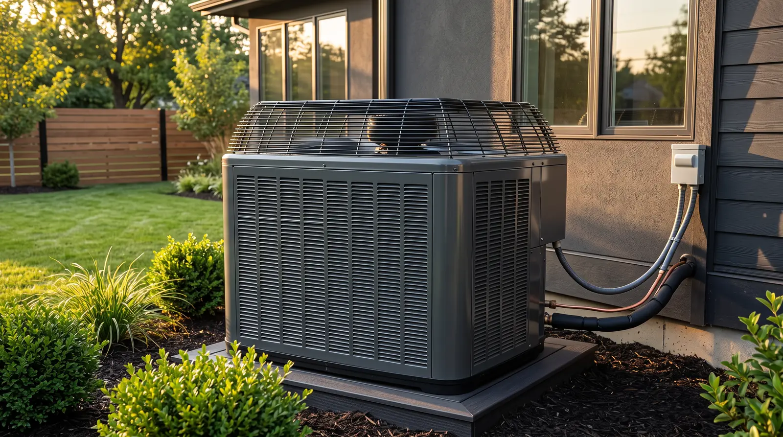 A large high-efficiency variable-speed condenser with a wide fan and sleek louvered side panels in a manicured modern backyard at golden hour
