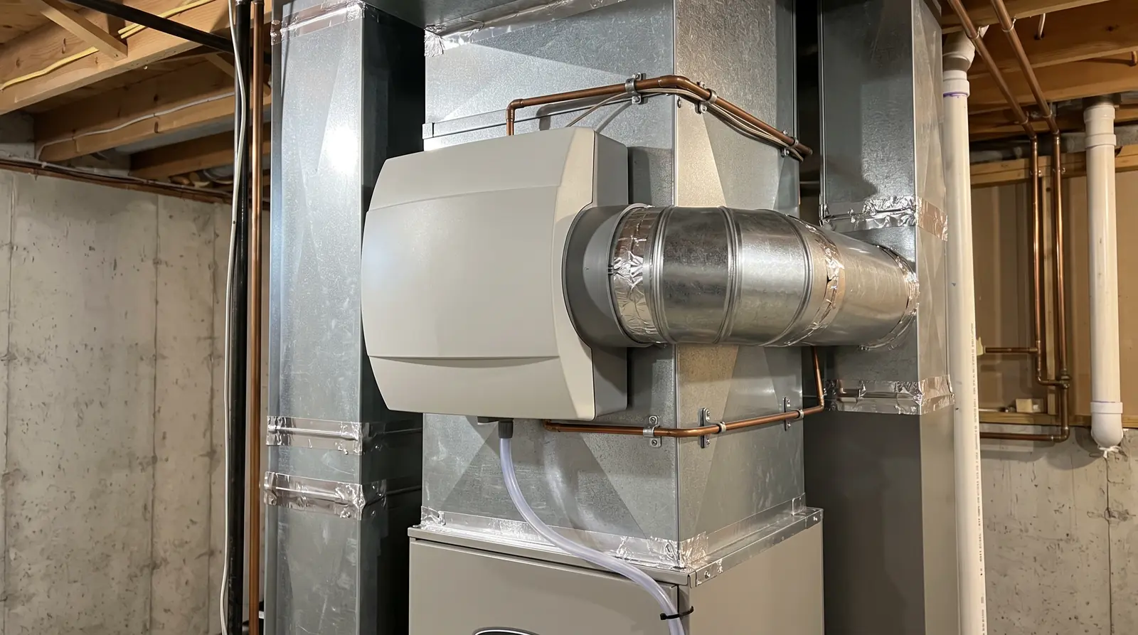A bypass whole-home humidifier mounted on a furnace plenum with a small copper water supply line and a clear drain tube, tidy installation, bright light
