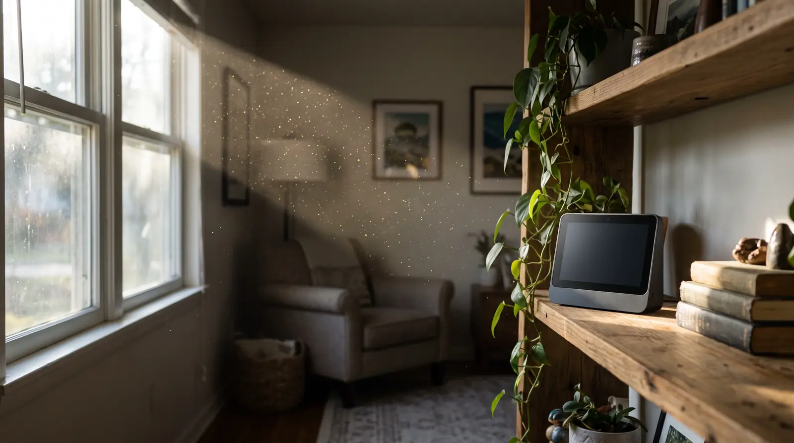 A sunbeam through a window in a living room revealing floating dust particles, a small modern indoor air quality monitor with a blank screen on a wooden shelf