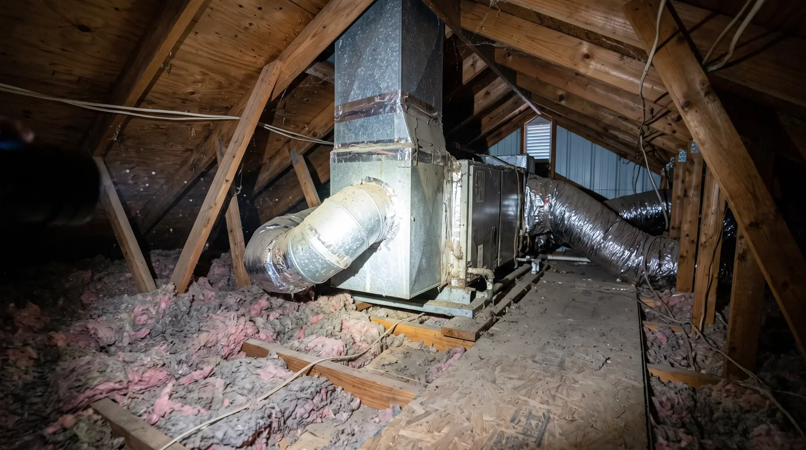 A flashlight beam lighting an air handler and duct connections in an attic, insulation and rafters around it, inspection feel