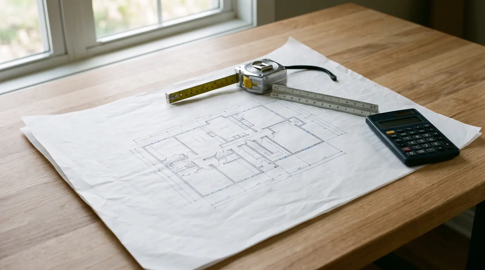 A clean desk with a house floor plan drawing showing only lines, a tape measure, a scale ruler and a calculator under soft window light
