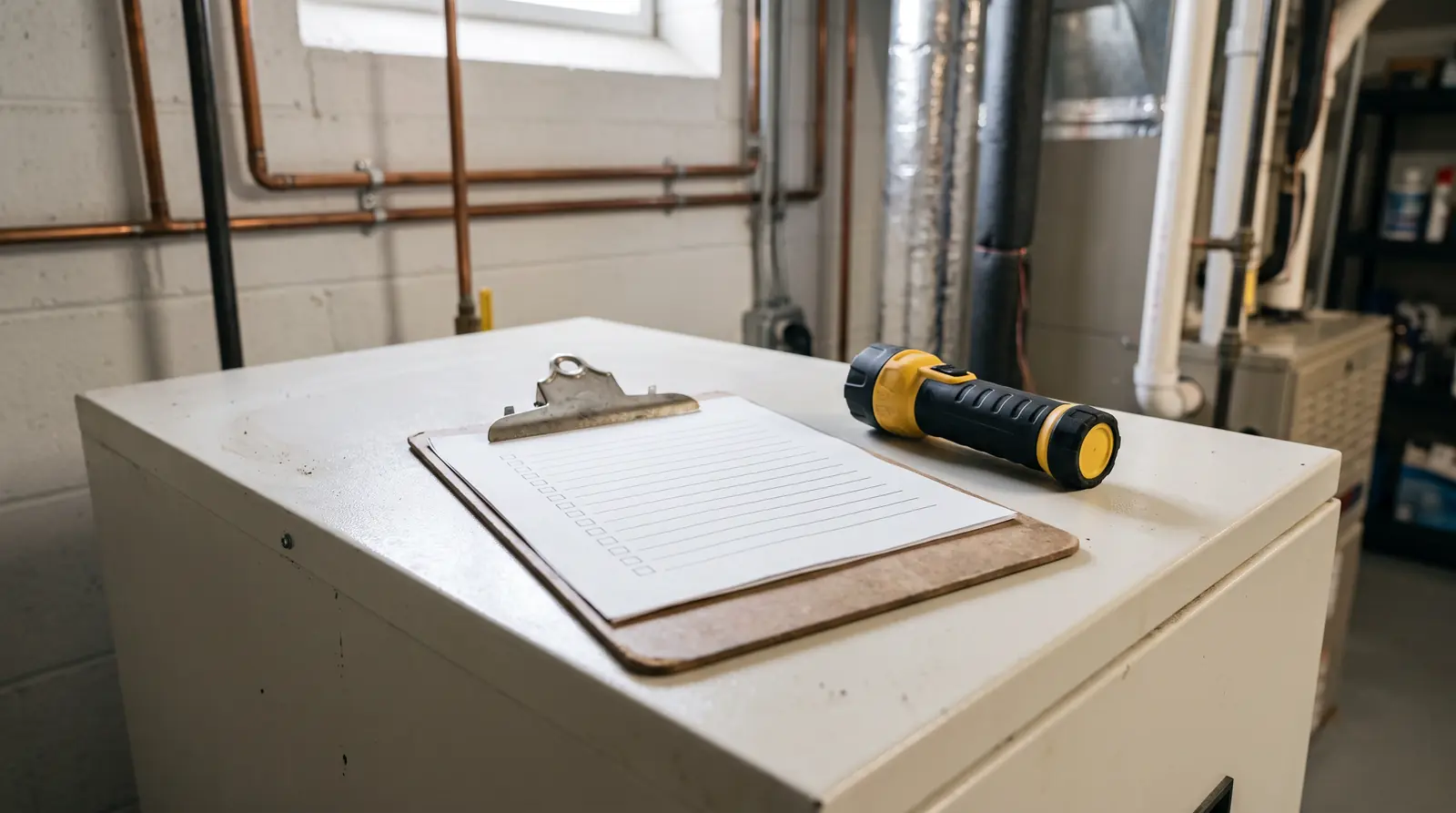 A blank clipboard with a plain checklist and a flashlight resting on top of a clean furnace in a tidy utility room