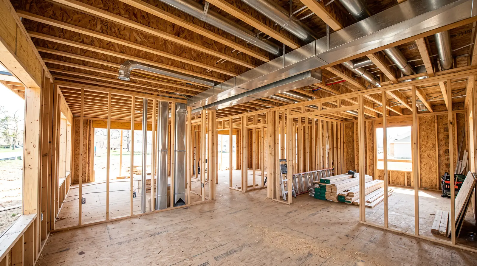 A new house under construction with framing and sheet-metal ductwork running between floor joists, bright daylight through the open walls, tidy site