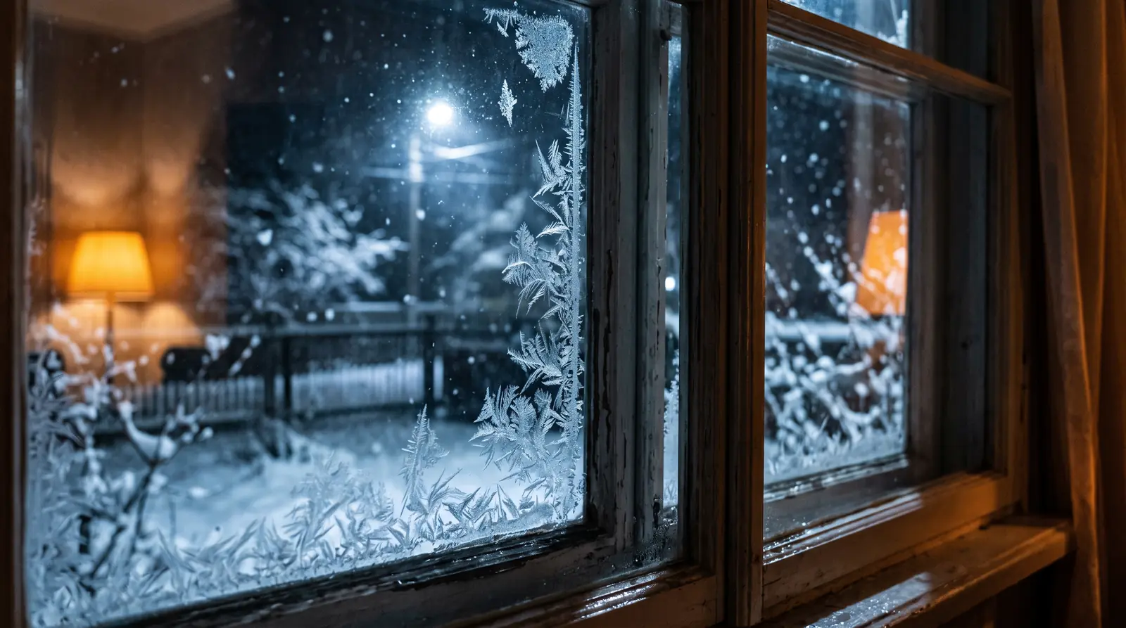 Frost forming on a window pane seen from inside a dim room at night with a snowy yard and a streetlight outside, a cold blue tone and a faint warm lamp glow in the corner