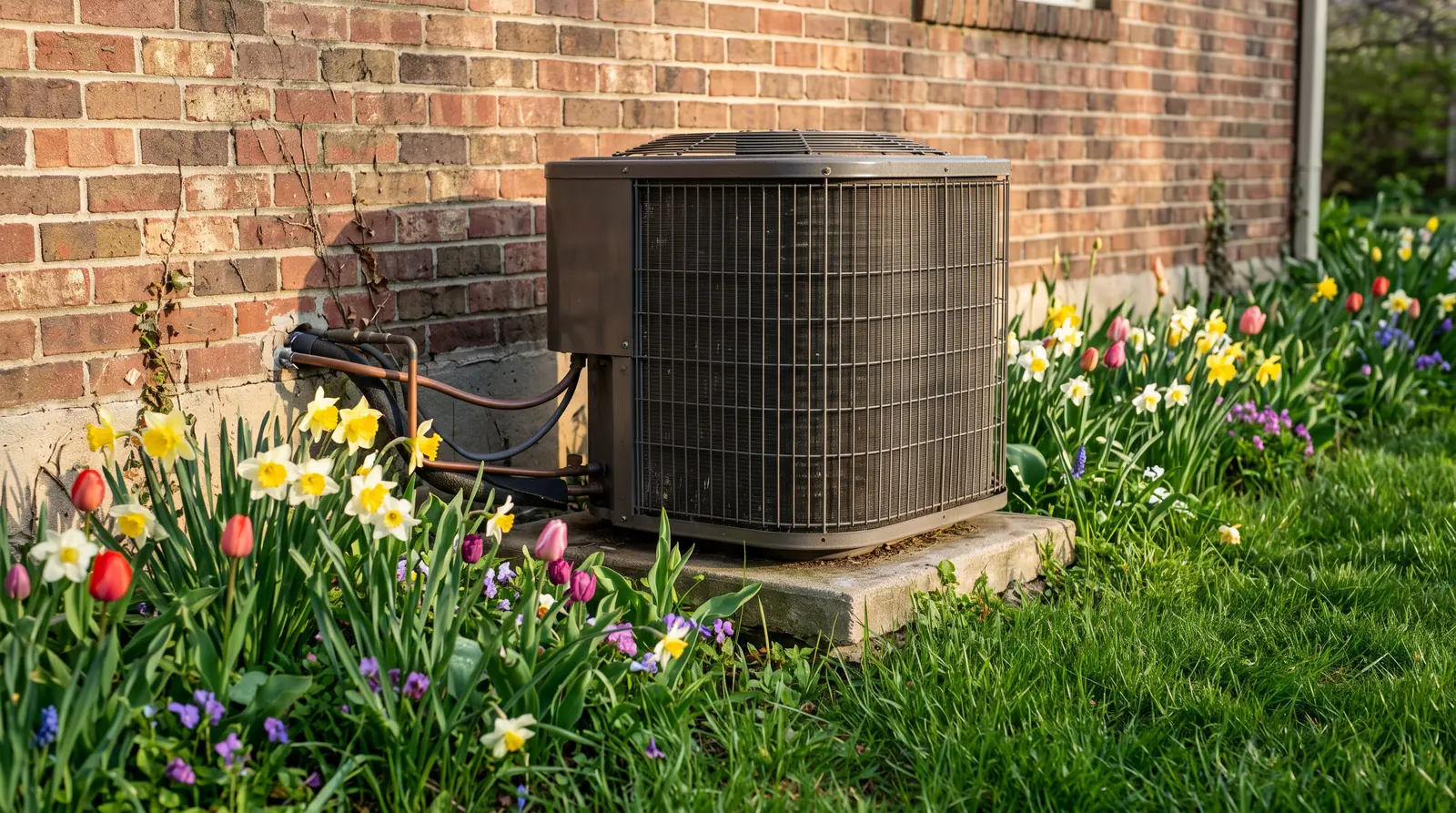An outdoor condenser neatly framed by blooming spring flowers and fresh green grass in soft morning light beside a brick wall