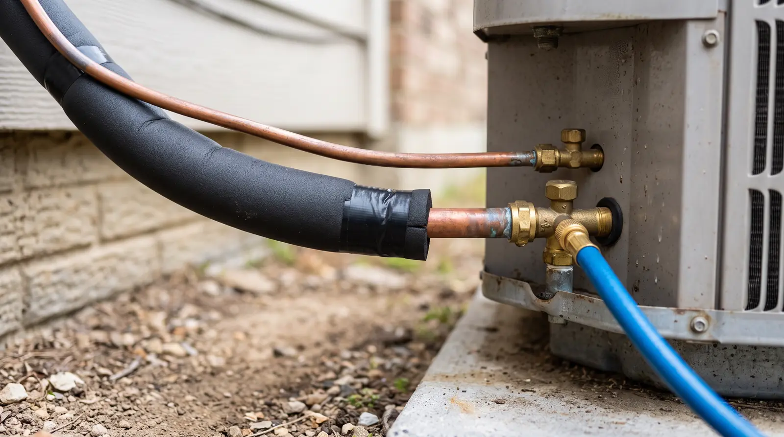 A copper refrigerant line set with a service valve and a gauge hose attached at an outdoor condenser, tidy black insulation, shallow depth of field, daylight