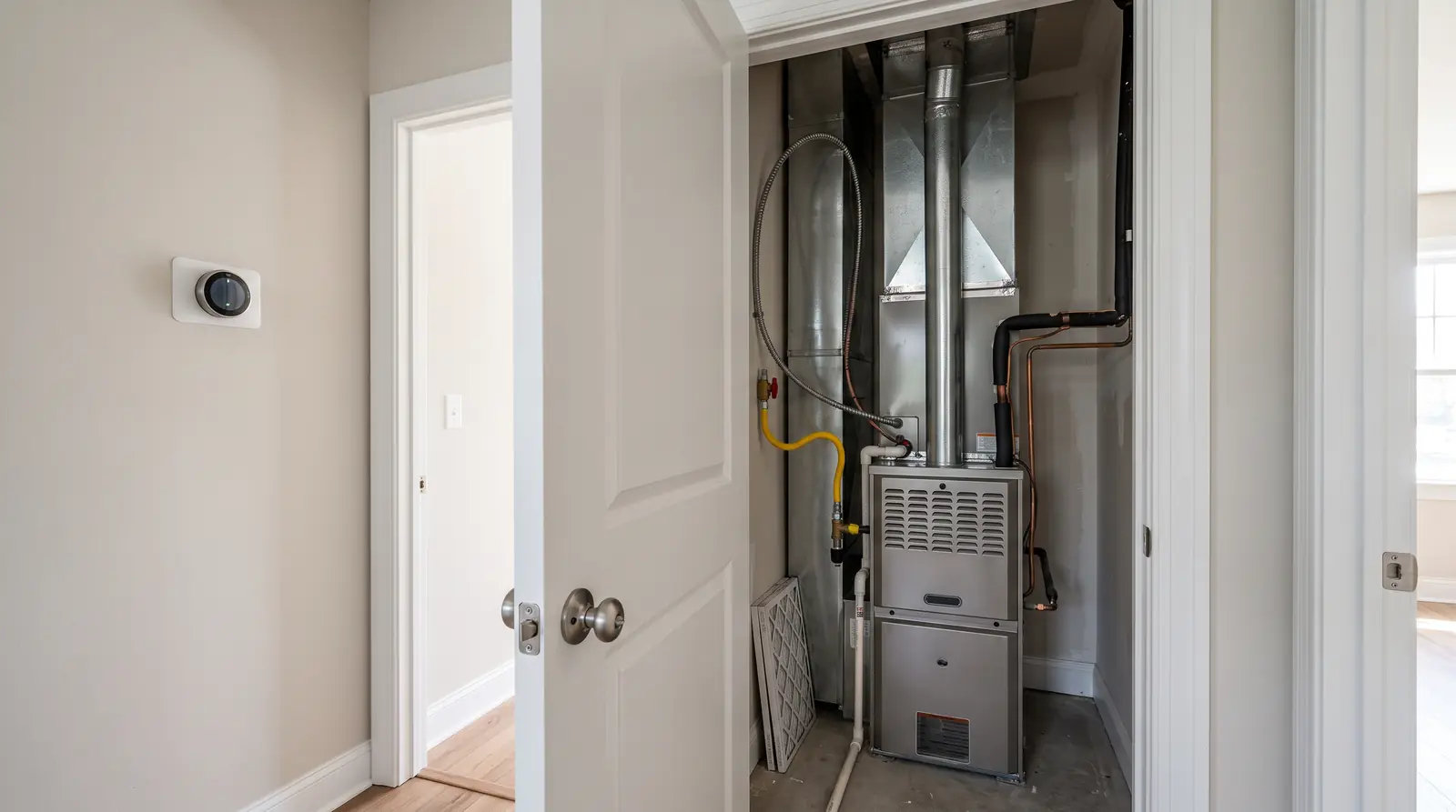 A tidy home mechanical closet with a gas furnace and coil connected to ducts, and in the same frame through the open door a smart thermostat on the hallway wall