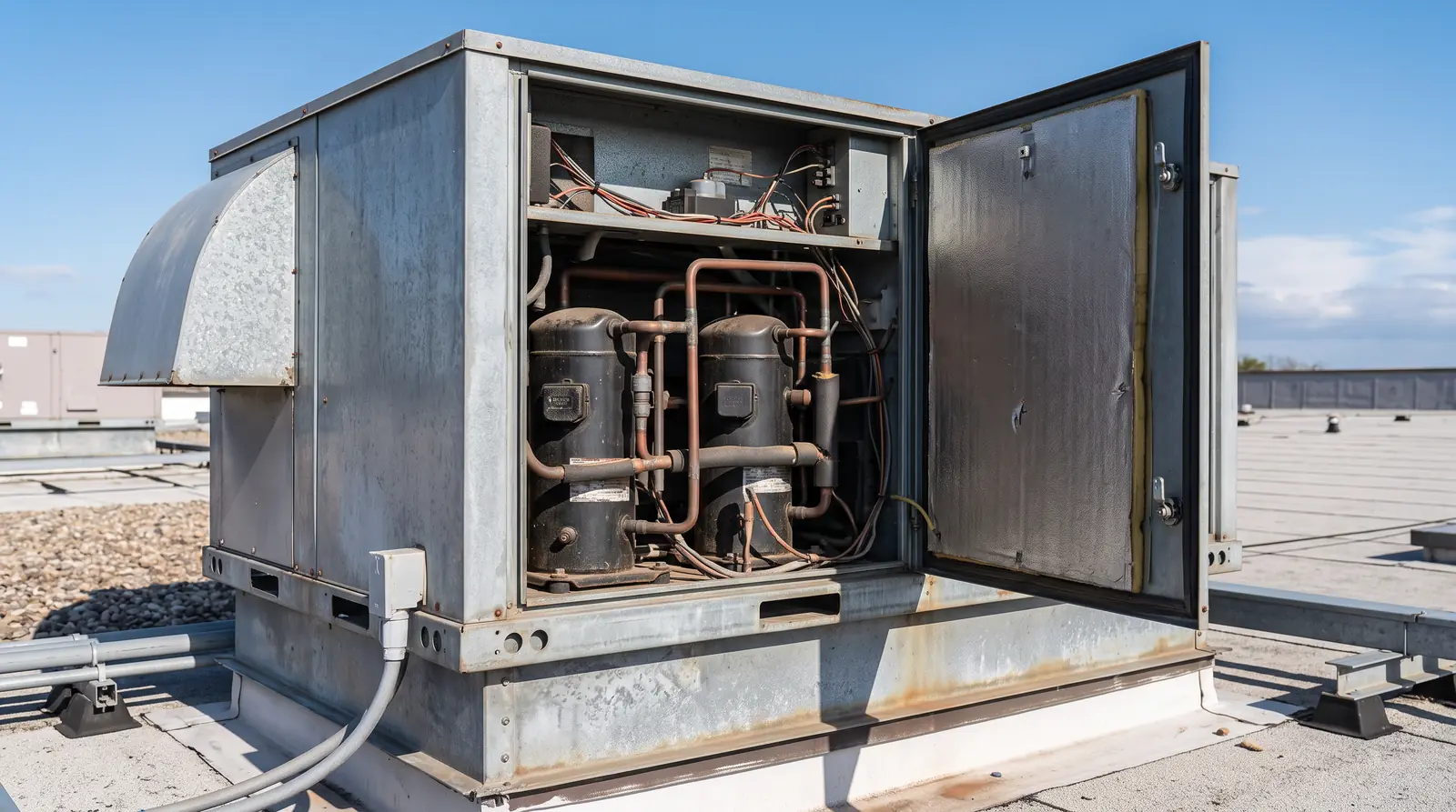 A close-up of a packaged rooftop unit with an access panel open showing the compressor compartment, on a roof curb under a blue sky