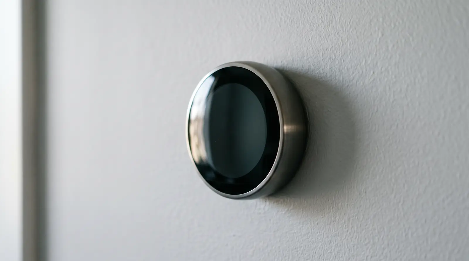 A modern round smart thermostat on a light gray wall with a dark display, close-up, soft side light, shallow depth of field